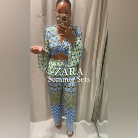 ZARA 🔥2 PIECE SET 🔥 BLOGGERS’ FAVORITE PRINT TOP WITH KNOT & WIDE LEG PANTS - Picture 8 of 16